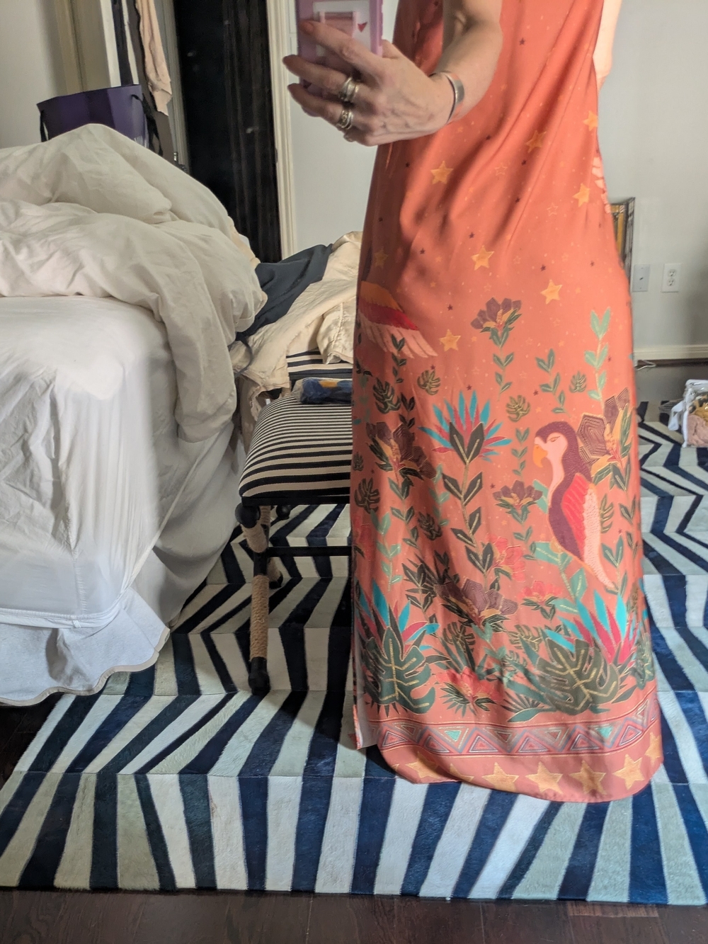 Coral Maxi Skirt with Tropical Bird Motif